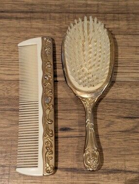 Ornate Vintage Style Gold Brush and Comb Set